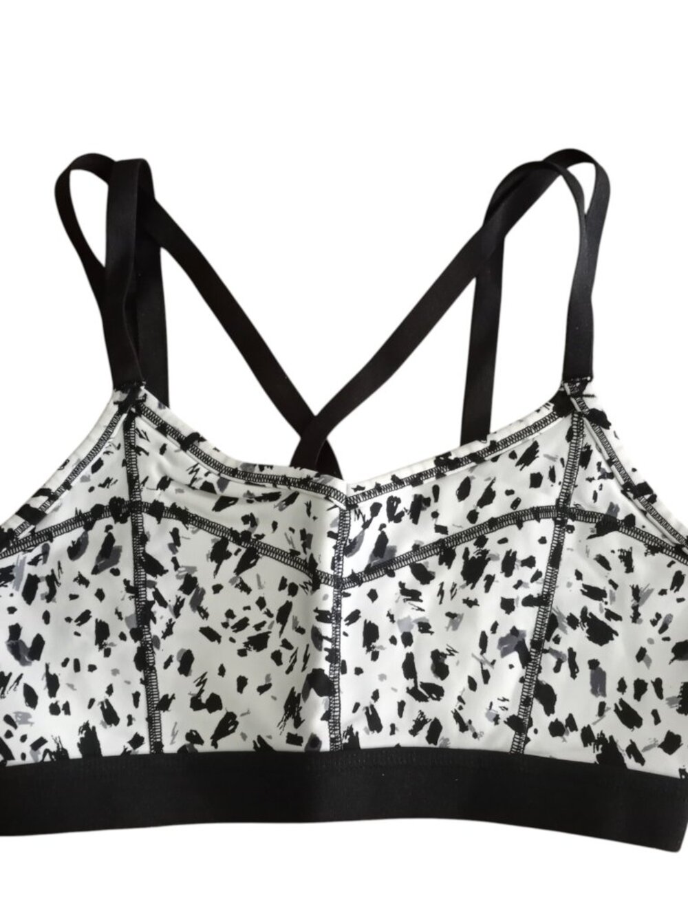 Athleta Strappy Stealth Sports Bra sz Small White Black Gray Abstract Print